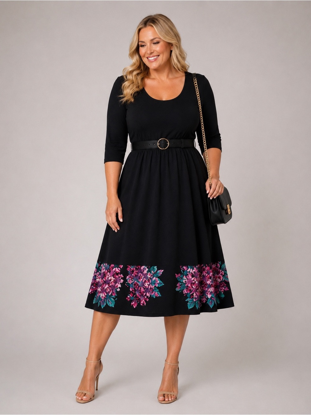 NWT Pioneer Woman XL 16-18 Black Floral Hem Knit Dress 3/4 Sleeve Rayon Stretch